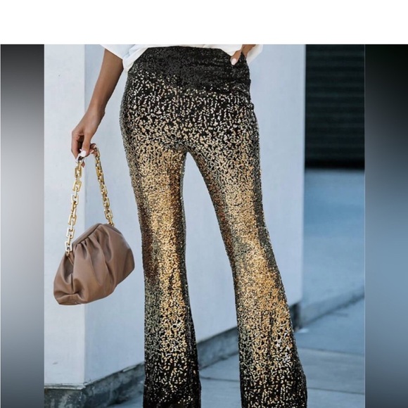 Luxe Glamour Sequin Mesh Wide Leg Palazzo Pants Holiday Evening Green Gold - Picture 7 of 13